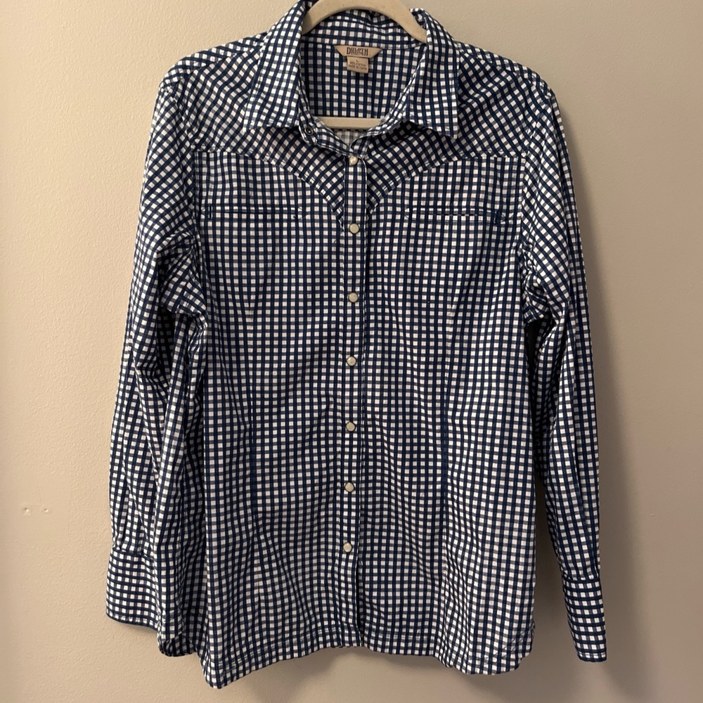 Duluth Trading Co Blue and White Checkered Shirt